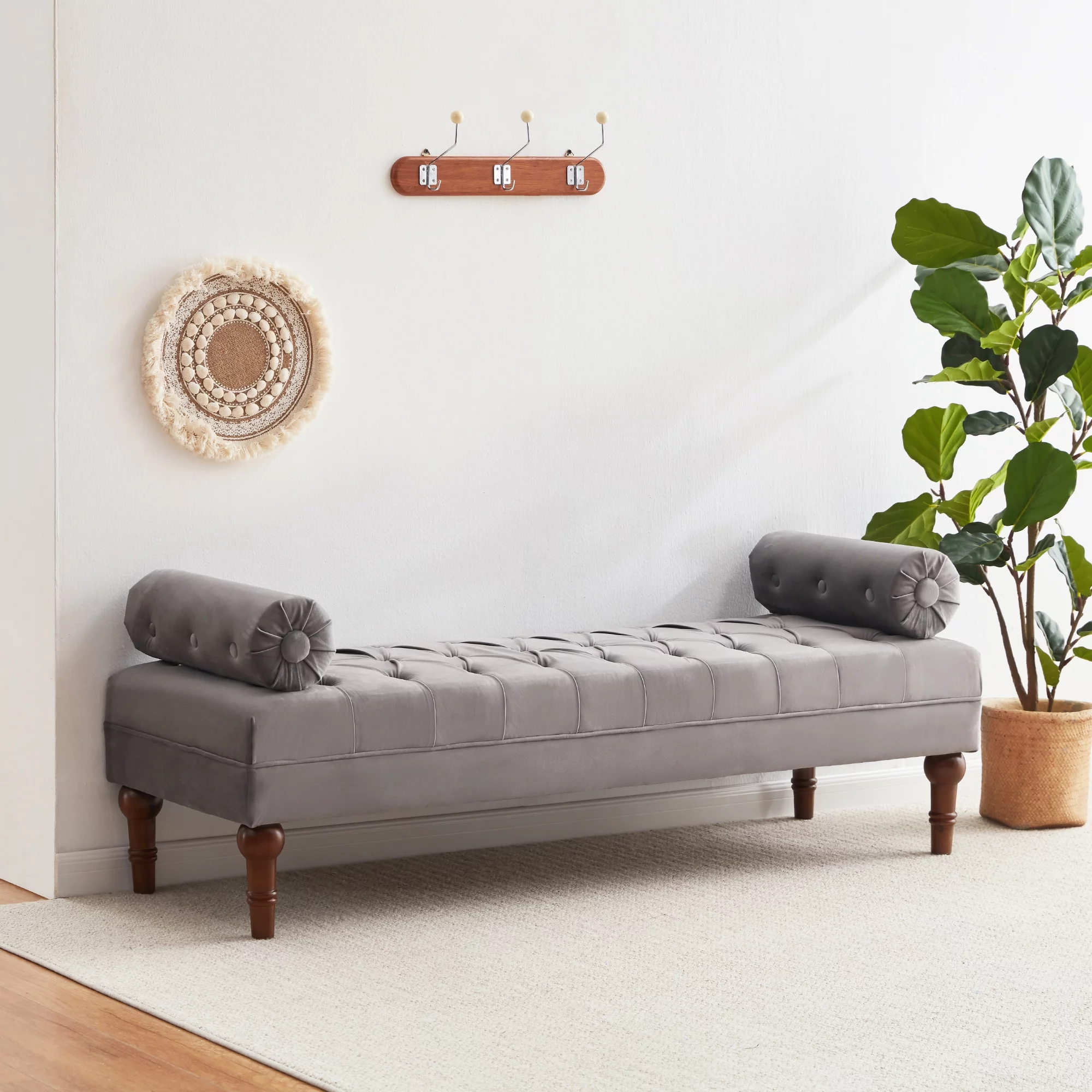 HUIMO 60.2 Inch End of Bed Bench with 2 Pillows Rolled Armed Ottoman Bench, Button Tufted Upholstered Bench Footrest Stool for Entryway