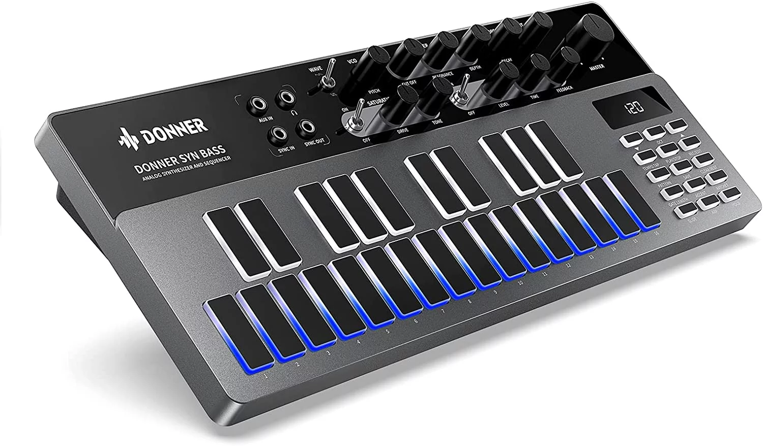 Donner B1 Controller, Analog Bass Synthesizer and Sequencer with 128 Patterns, Saturation & Delay Effects, LED Display and MIDI IN/OUT