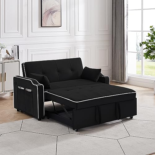 3 in 1 Convertible Sleeper Sofa Chair Bed with Adjustable Backrest USB Ports Cup Holder Side Pocket Pillow Velvet Folding Chaise Lounge for Apartment