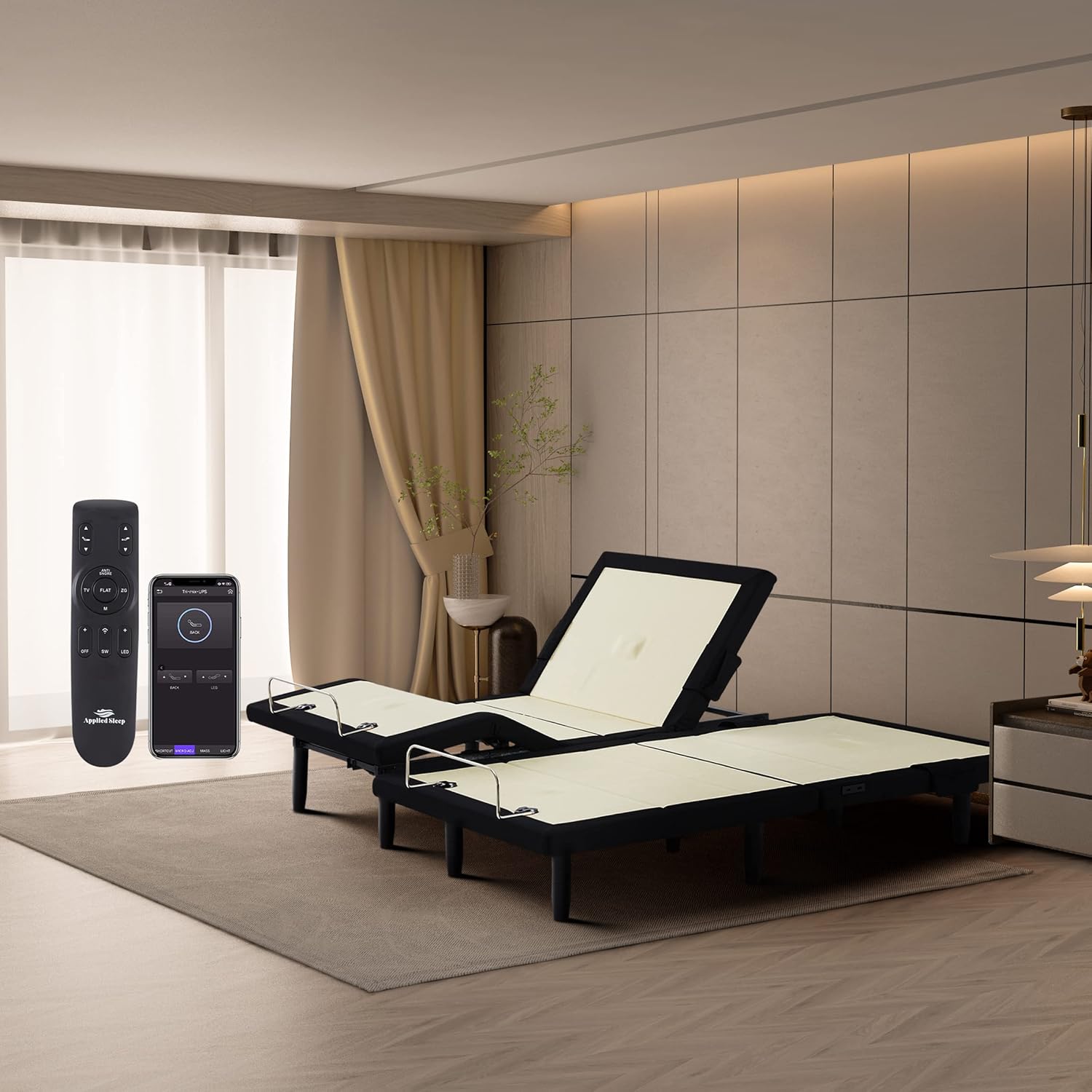 TXL Adjustable Bed Frame, Adjustable Bed Base with Back and Leg Massager , Wireless Remote and Bluetooth APP Syncing, Nightlight, Zero-Gravity