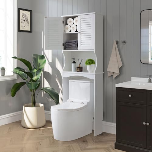 Over The Toilet Storage Cabinet, 3-Tier Freestanding Organizer, Bathroom Storage Cabinet Organize,Adjustable Shelves, Double Doors