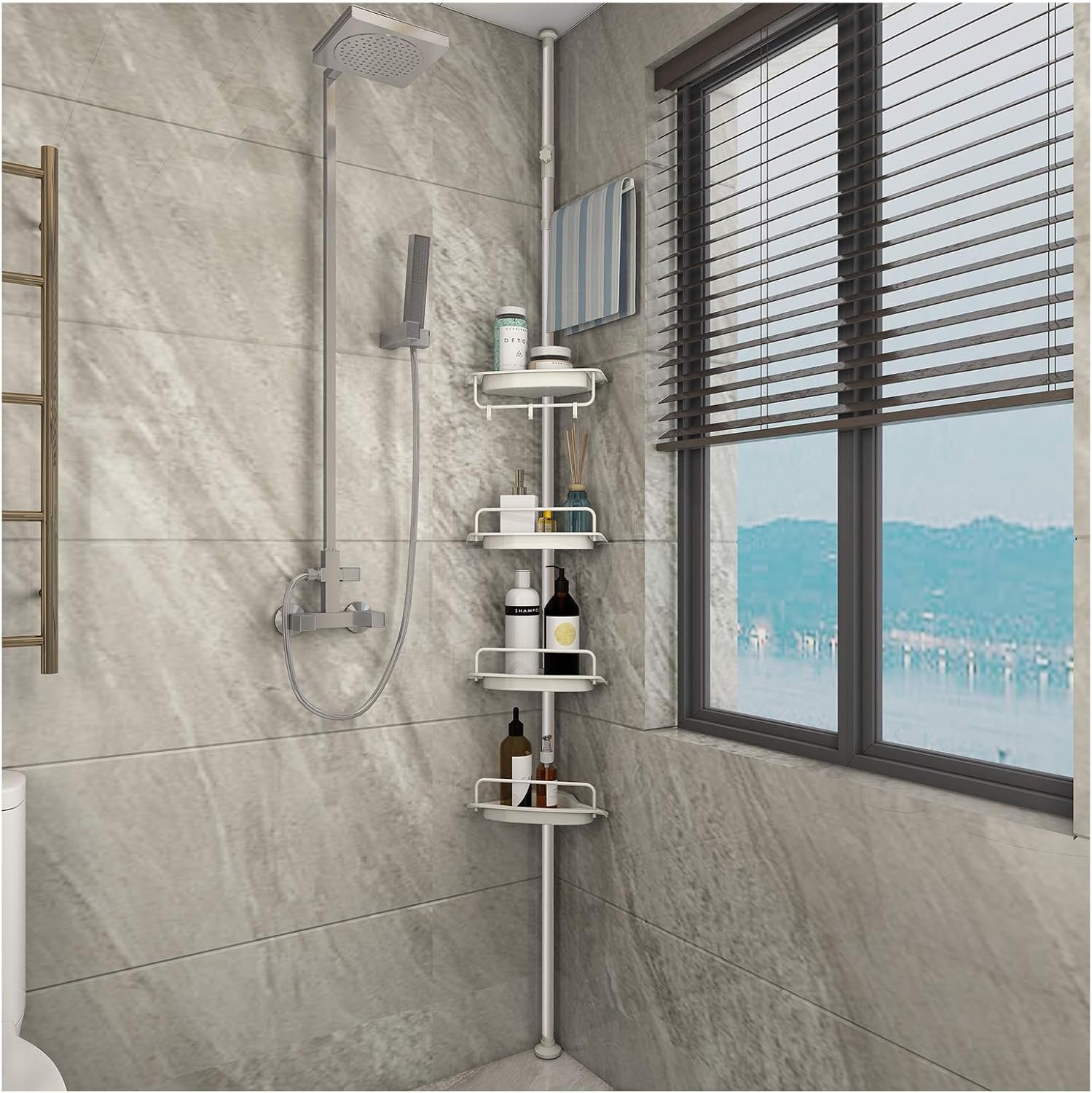 FRDECON Corner Shower Caddy Tension Pole Rustproof 304 Stainless Steel Shower Organizer Corner 4 Tier Adjustable Bathroom Floor to Ceiling Storage