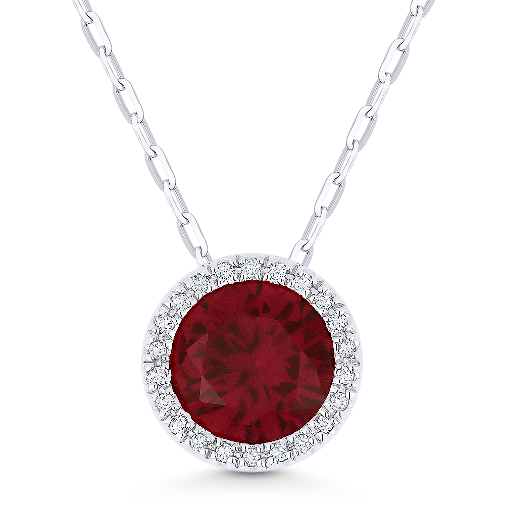 14K White Gold Necklace with 2.05-ct Round Red Ruby and 0.05-ct White Diamonds