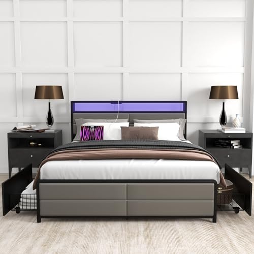Bonzy Home Full Size Bed Frame with 4 Storage Drawers and USB Port, Platform Bed Frame with Lights, Strong Metal Slats Support, No Box Spring