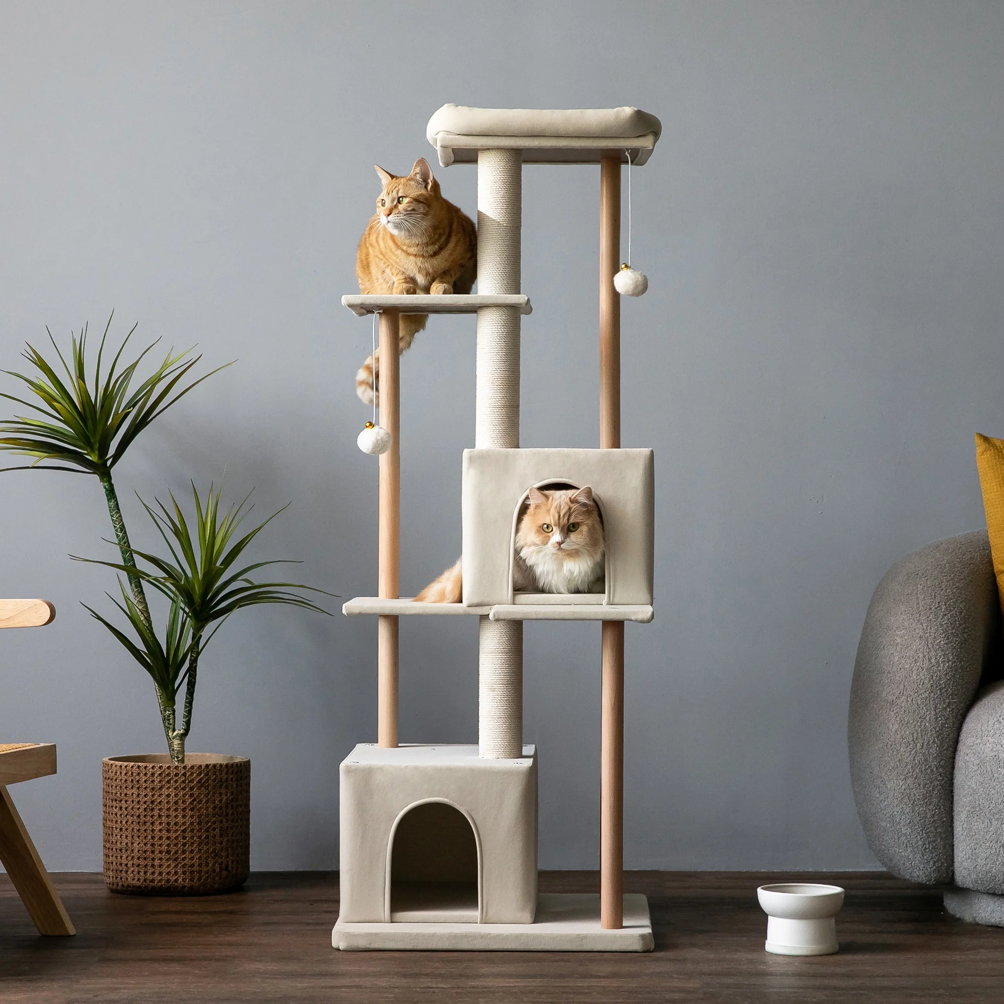 MWPO Modern Cat Tree Multi-Level Wood Cat Tower with 2 Condos and Perch, Beige
