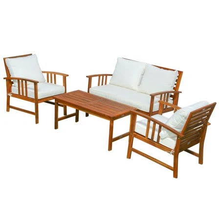 Outsunny 4 Piece Solid Acacia Wood Dining Sets Outdoor Patio Furniture Chat Set w/ Armchairs, Loveseat, Center Coffee Table u002