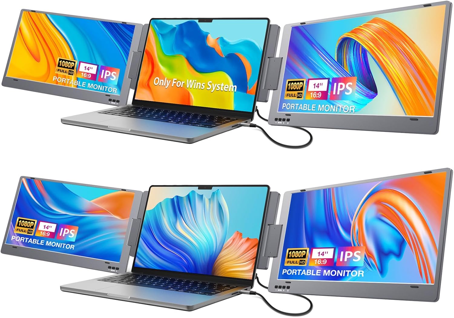 KYY Triple Laptop Screen Extender, 14" 1080P FHD IPS Dual Portable Monitor for Laptop, USB C Travel Extended Monitor for 12-16'' Laptop