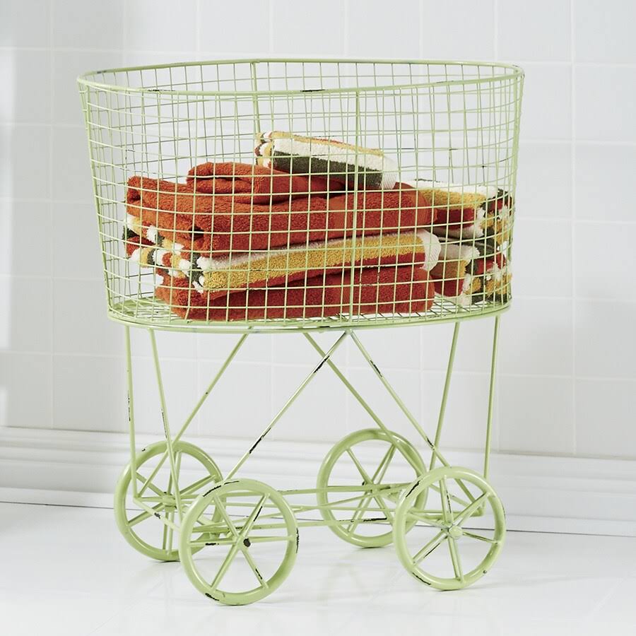 Vintage-Style Rolling Laundry Cart, Metal, Sage