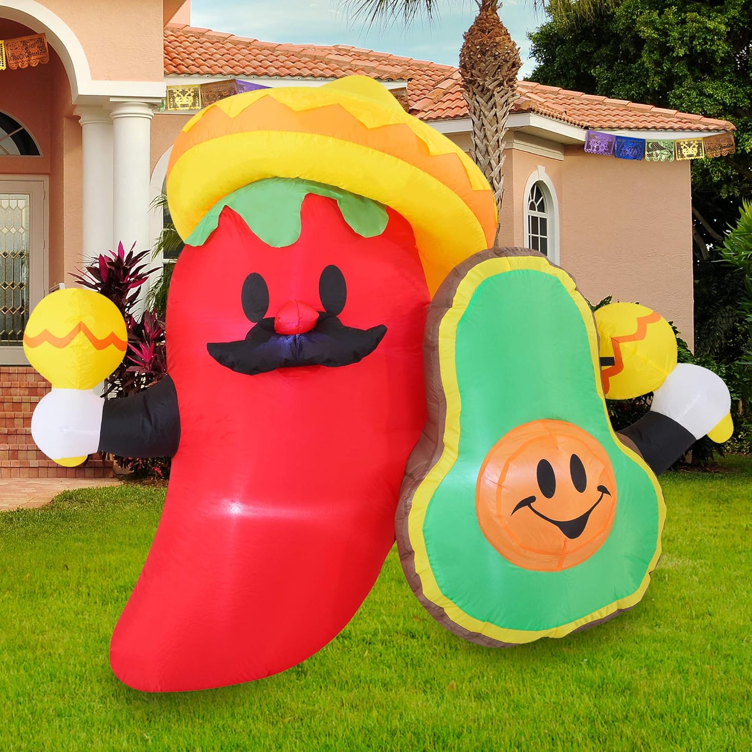 Cinco de Mayo Inflatable Decoration 6 FT Long Fiesta Avocado and Chili with Build-in LEDs Blow Up Inflatables for Holiday Party Indoor, Outdoor, Yard