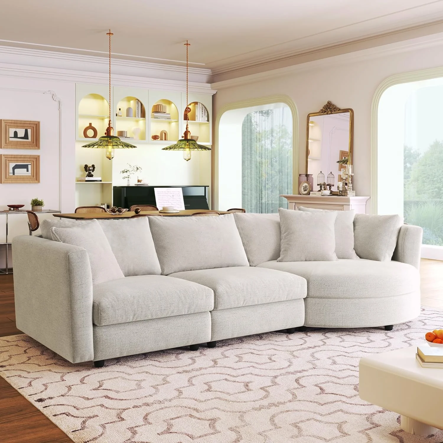 Moder Upholstered Sofa Couch, Comfy Curved Sectioal Sofa With 3 Pillows, Luxury 3-Seat Fabric Sofa Couch With Curved Seat For Livig Room