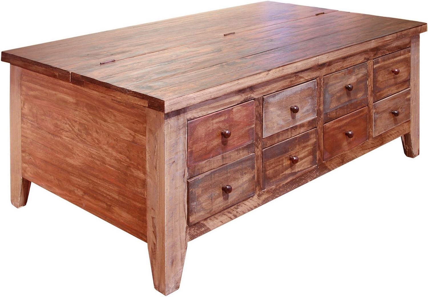 Benjara Fena 50 Inch 8 Drawer Coffee Table, Lift Top, Distress Pine Wood, Brown and Multicolor