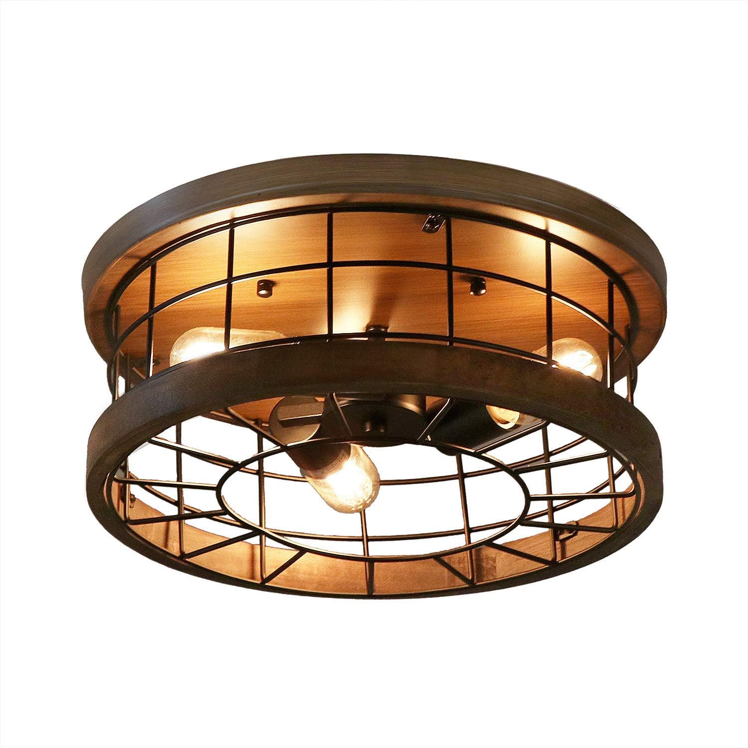 Anmytek Ceiling Light Fixture Rustic Chandelier Flush Mount Ceiling Light Excellent Metal Wood Frame Cage Industrial Pendant Lighting Brown Finishing