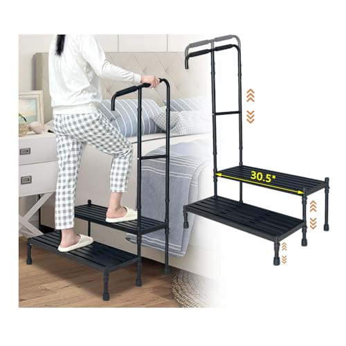 Bed Step Stool with Handle Medical Bedside Stairs for High Beds Adults Stepping Stool Assist Rail Adjustable Wide Platform Step for Elderly Seniors