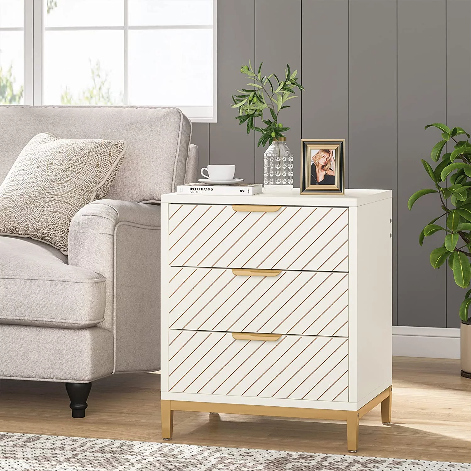 Tribesigns 3 Drawers Night Stands for Bedrooms, Light Wood Grain Nightstands, Bedside End Tables Storage for Living Room (1pc, White & Gold)