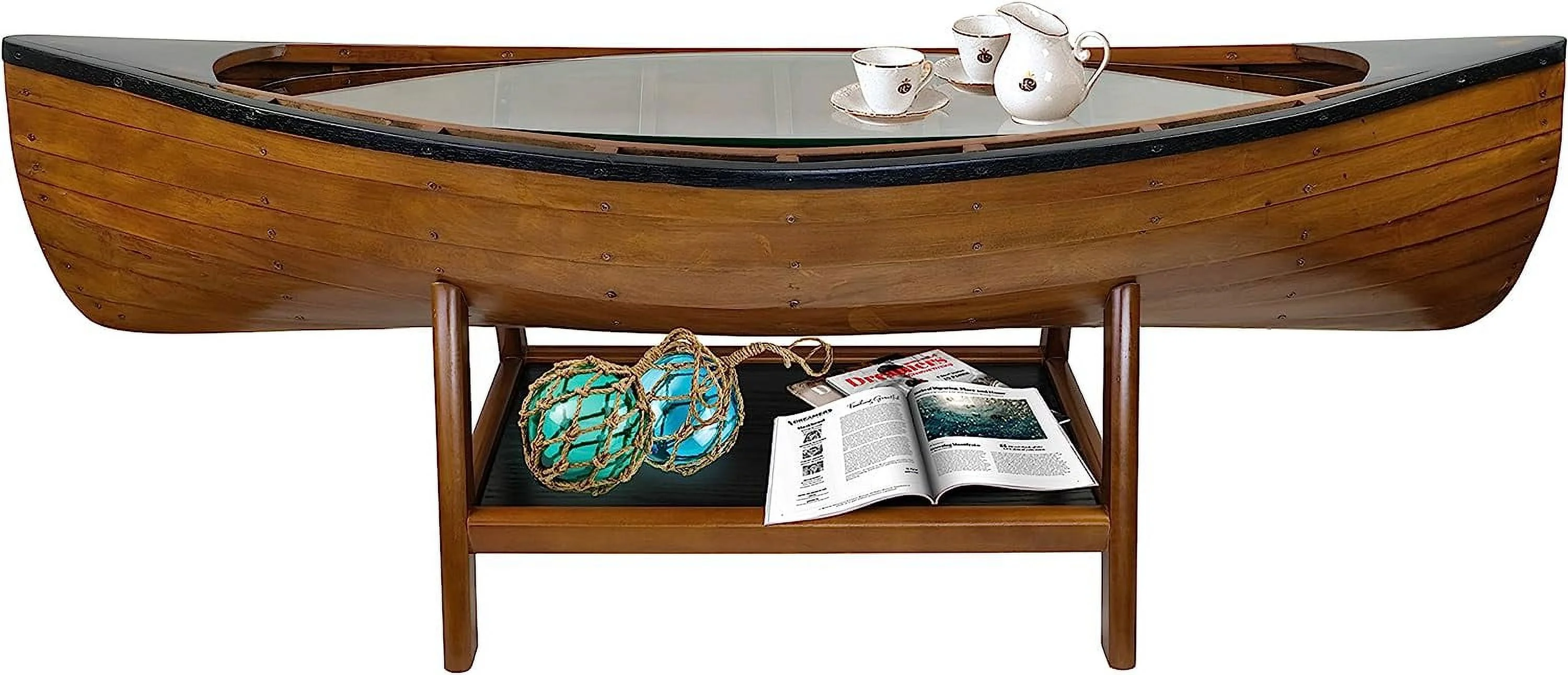 SAILINGSTORY Wooden Boat Canoe Coffee Table Lake House Decor Nautical Coastal Coffee Table Side Table Antique Honey Finish