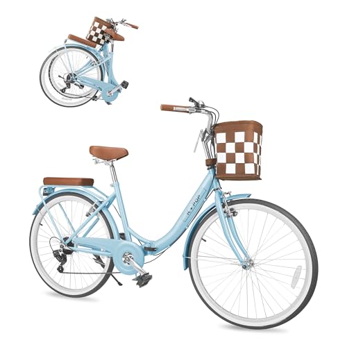LayBurst Foldable Beach Cruiser Bike,Stylish 26-Inch Women's Bike with Front Basket,7-Speed,Classic Paint,Streamlined Design