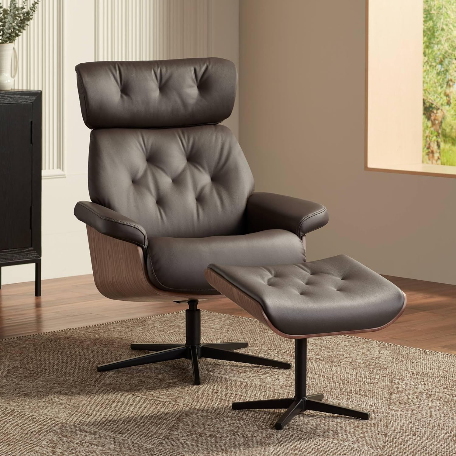 BenchMaster Malibu Chocolate Tufted Faux Leather Swivel Recliner and Slanted Ottoman