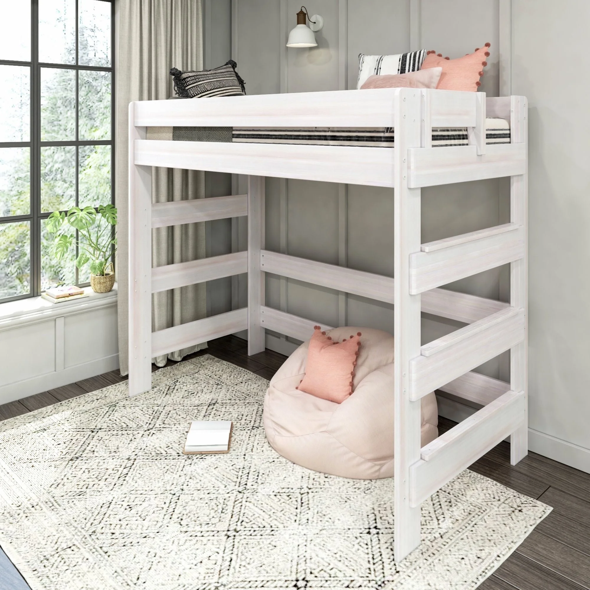 Max & Lily Modern Farmhouse High Loft Bed, Solid Wood Twin Loft Bed Frame for Kids, White Wash - Curated Treasures Market