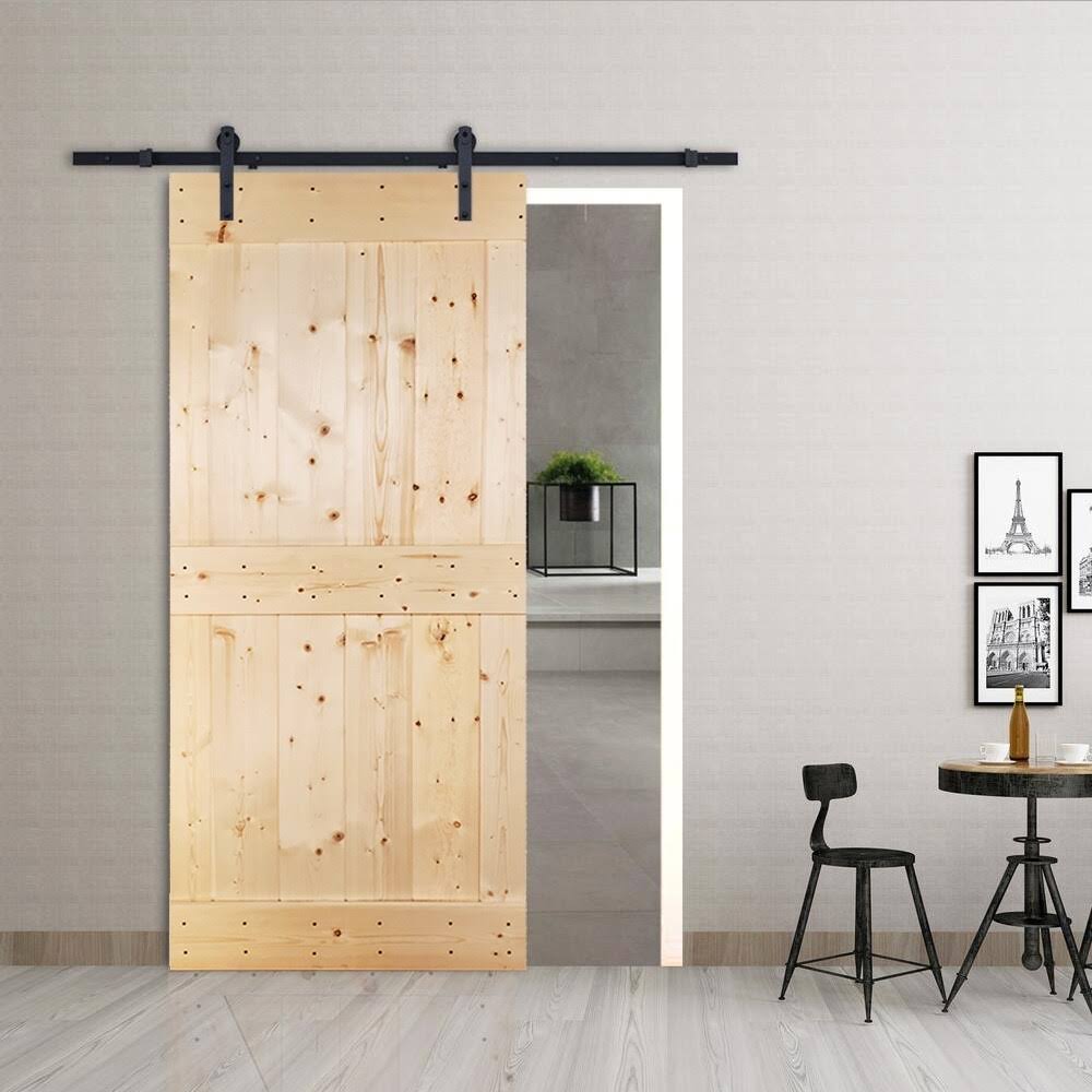 CALHOME 36 in. x 84 in. Mid-Bar Unfinished Knotty Pine Wood Interior Sliding Barn Door with Hardware Kit
