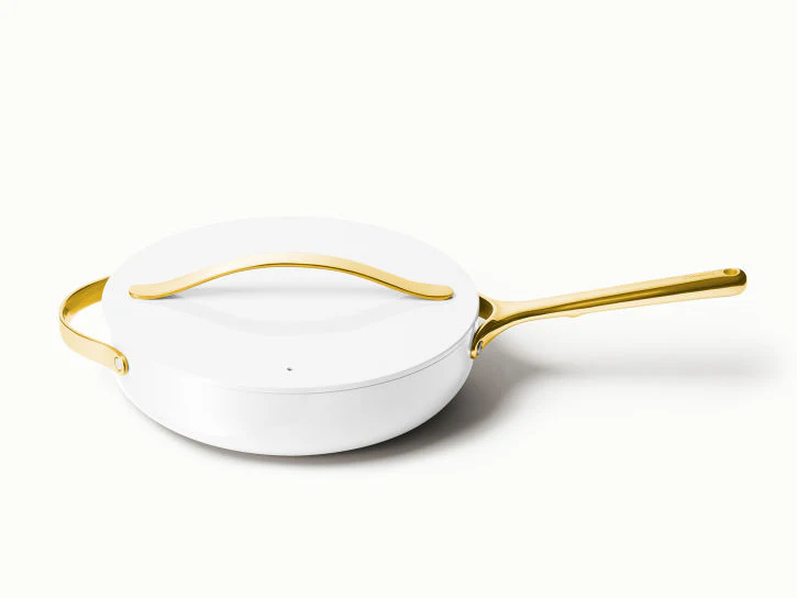Caraway Saut茅 Pan in White with Gold Handle