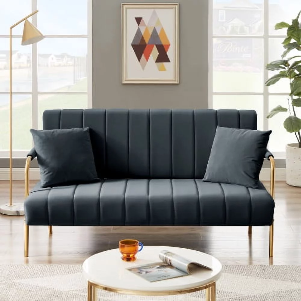 Modern And Comfortable Dark Grey Australian Cashmere Fabric Sofa, Comfortable Loveseat With Two Throw Pillows