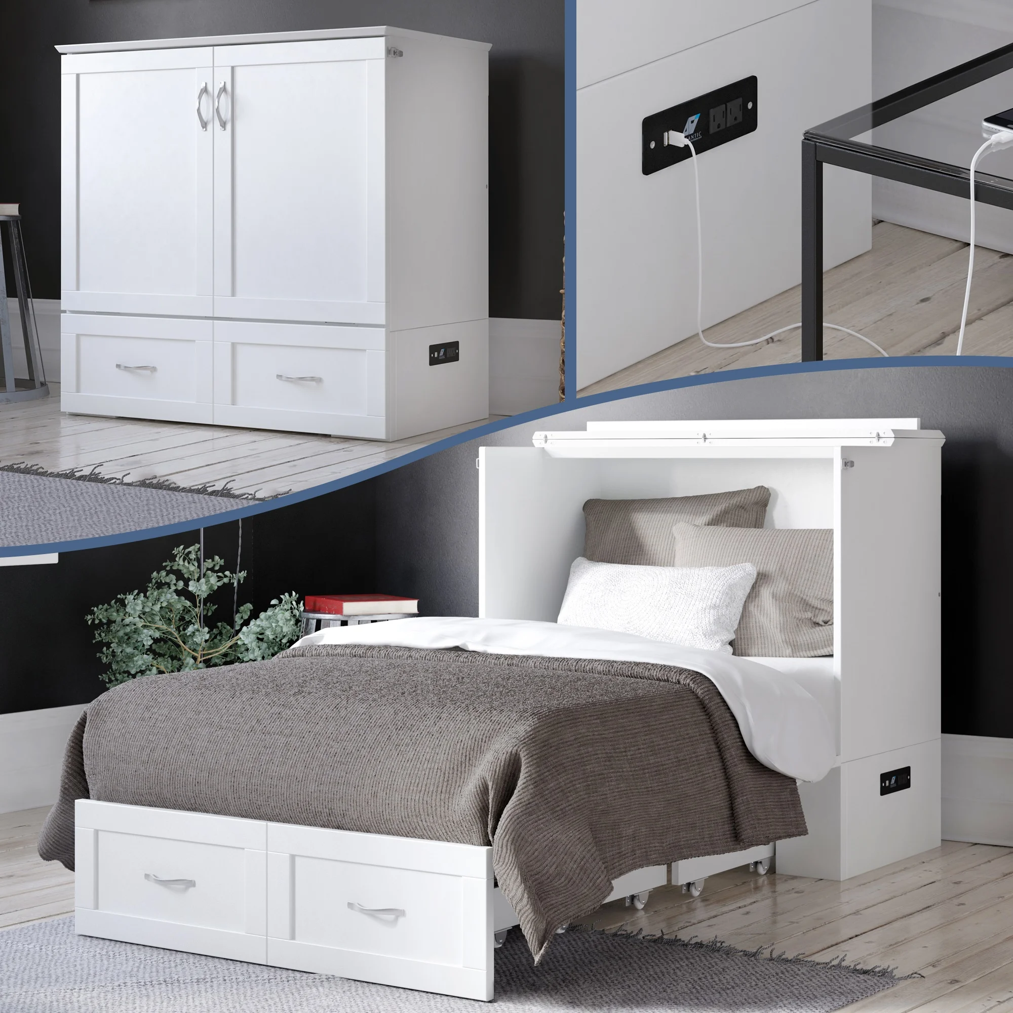AFI Hamilton Wood Twin Extra Long Murphy Bed Chest in White