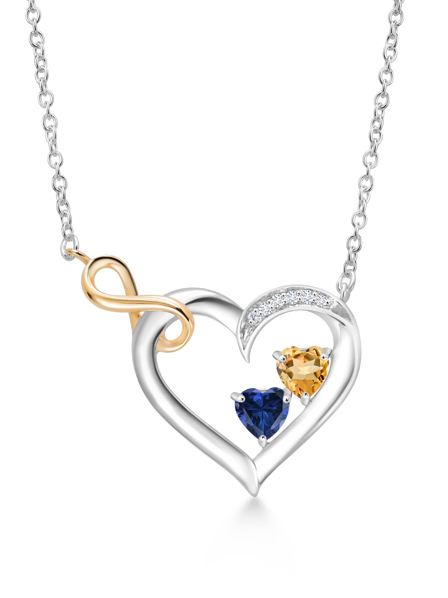 925 Sterling Silver and 10K Yellow Gold Yellow Citrine Blue Created Sapphire and White Lab Grown Diamond Infinity Heart Pendant Necklace For Women