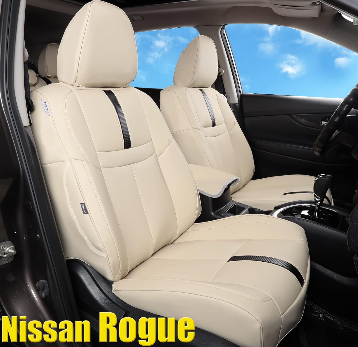 LULUDA Custom Car Seat Covers Fit for Nissan Rogue Hybrid 2017 2018 2019 with Waterproof Faux Leather (Rogue 2017-2019 (Hybrid), Beige)
