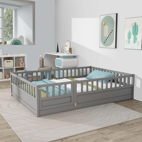 Full Floor Bed with Elevated Safety Guardrails and Door, Montessori Floor Bed for Kids, Wood Kids Floor Beds Frame, Full-White