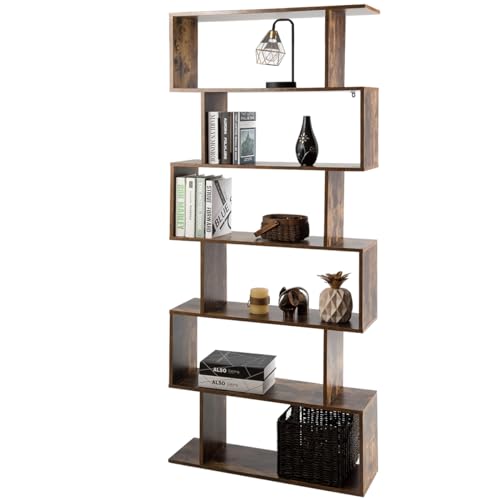 Tangkula 6-Tier Geometric Bookcase, Modern S-Shaped Storage Display Bookshelf for Living Room, Anti-Toppling Device