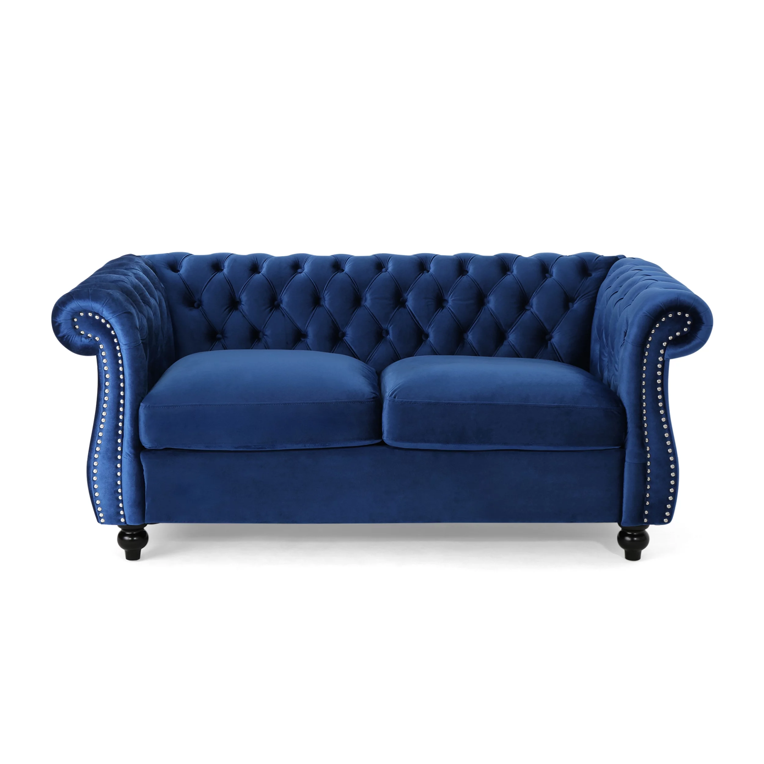 GDF Studio Karen Traditional Chesterfield Fabric Loveseat, Navy Blue and Espresso