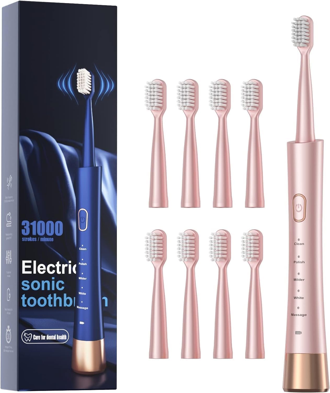 Electric Toothbrush for Adults, USB Rechargeable Sonic Toothbrush with 8 Brush Heads, Smart Timer, 5 Modes, 2-Hour Fast Charge Last 30 Days, Pink