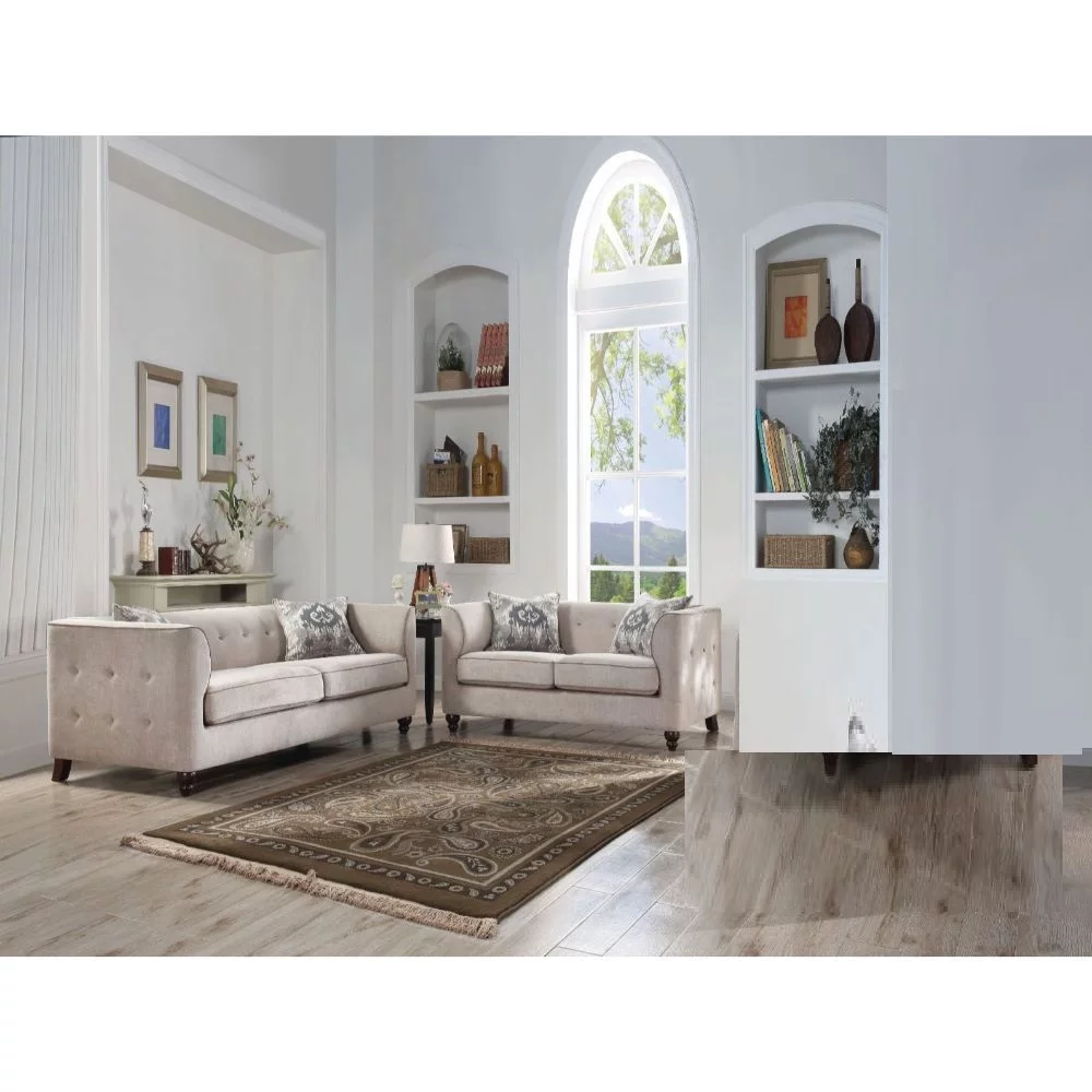 Modern Fabric Living Room Furniture 2pc Sofa Set Tan Fabric Tufted Backrest & Arms Sofa & Love Seat