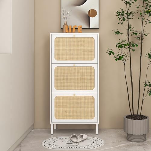 Natural Rattan Cabinet, Narrow Shoe Storage Cabinet with 3 Flip Drawers Hidden, Freestanding Entryway Storage Unit Console Table for Entryway Slim