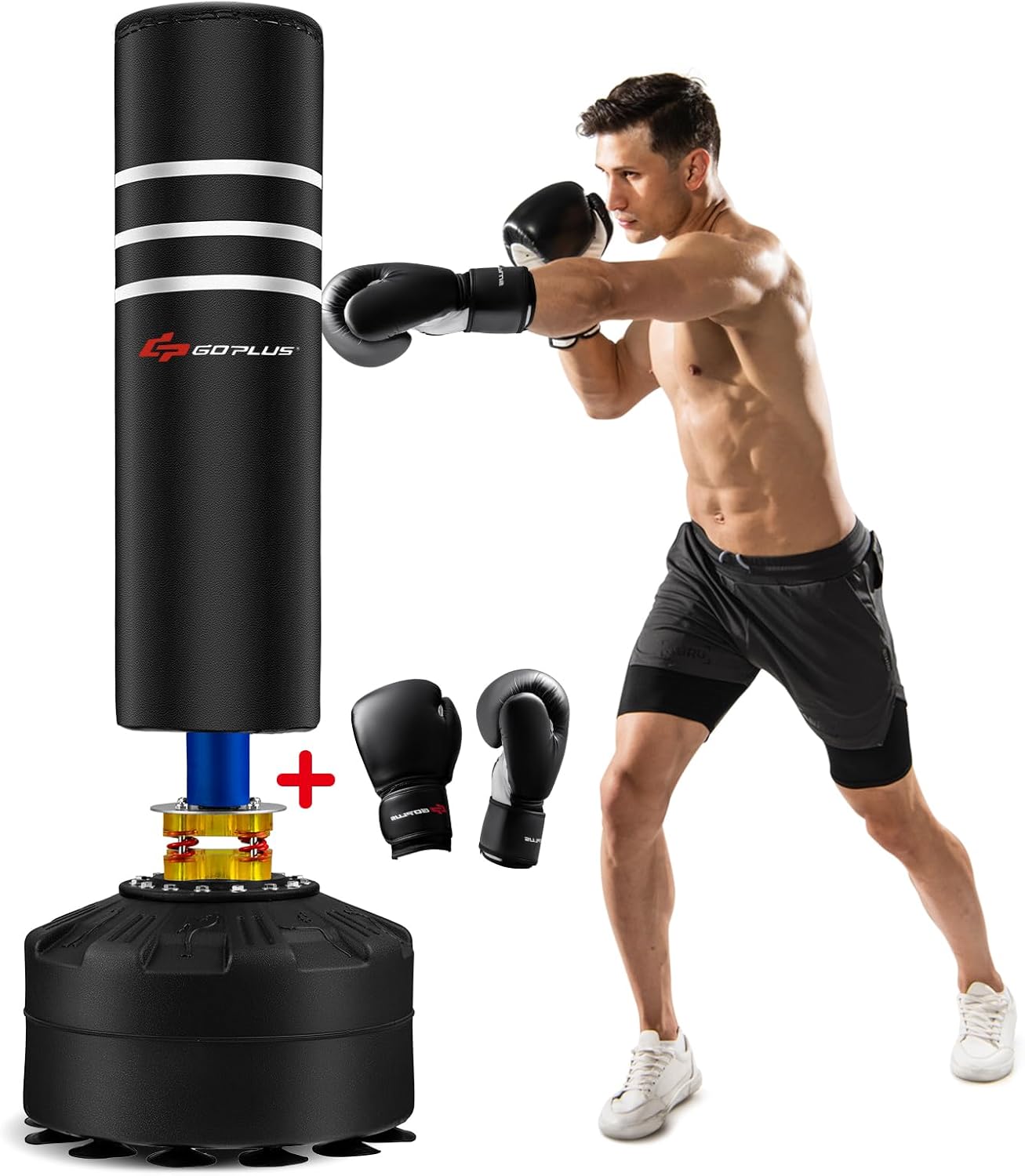 Goplus Freestanding Punching Bag, 220LBS Heavy Boxing Bag with Gloves, Shock Absorber, 12 Suction Cup Base