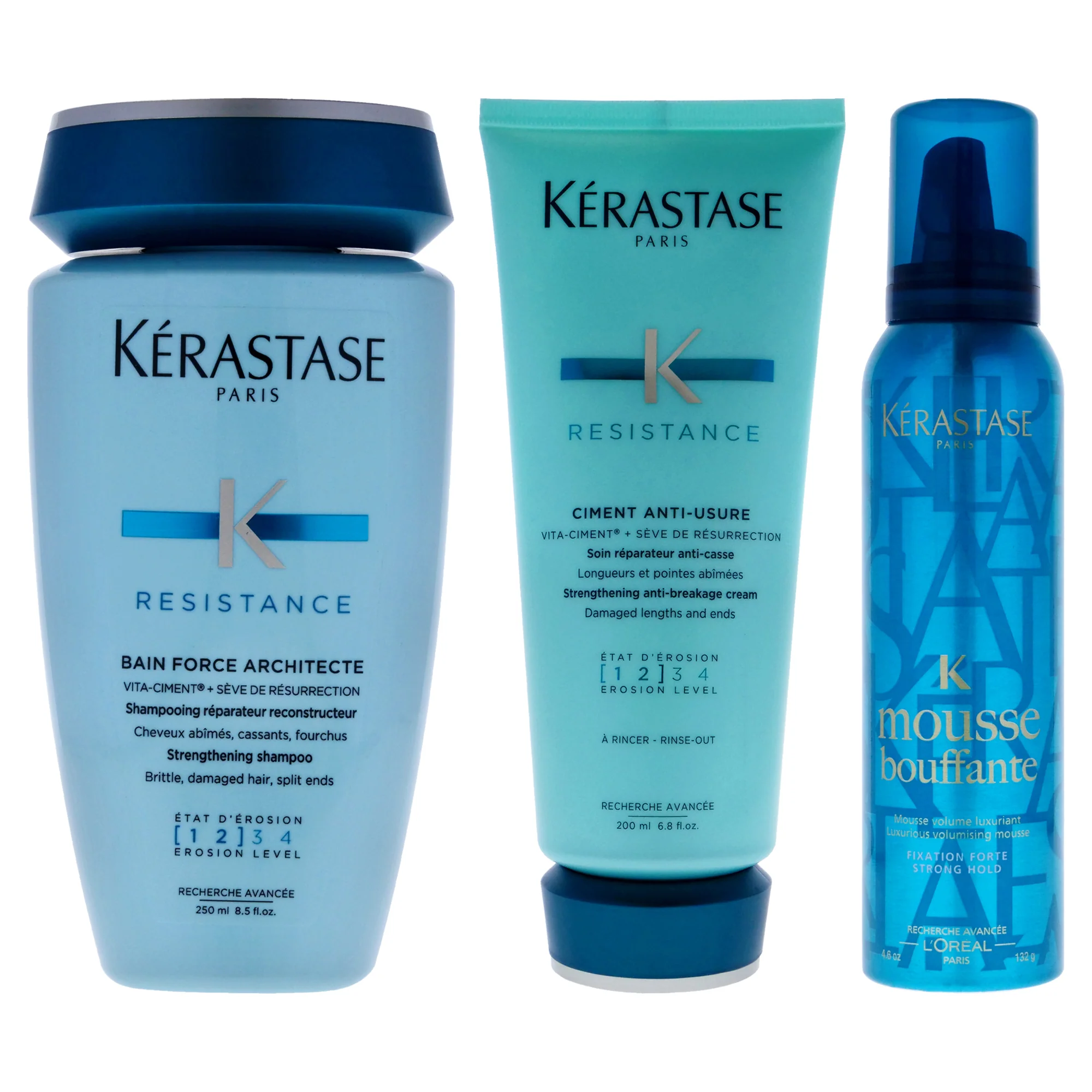 Resistance Ciment Anti-Usure Treatment and Bain Force Architecte Shampoo with Mousse Bouffante Luxurious Volumising Mousse Strong Hold Kit by
