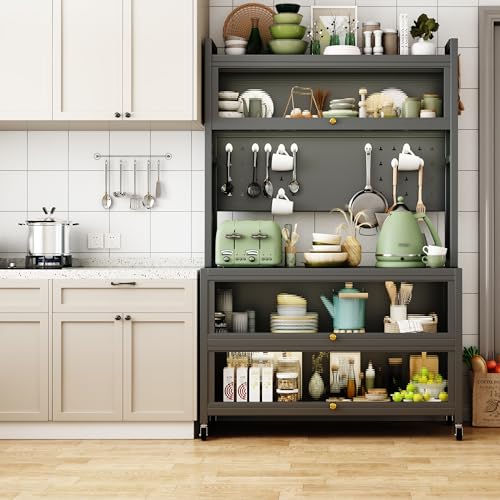 Kitchen Bakers Rack, 5-Tier Kitchen Storage Cabinets with Transparent Flip Door, Moveable Coffee Bar Cabinet with Universal Wheels
