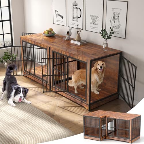 Rovibek Double Dog Crate Furniture, 86 Inch, 2 Dog Crate with Removable Divider & Trays, Furniture Style Dog Cage for 2 Dogs Indoor with Three Doors