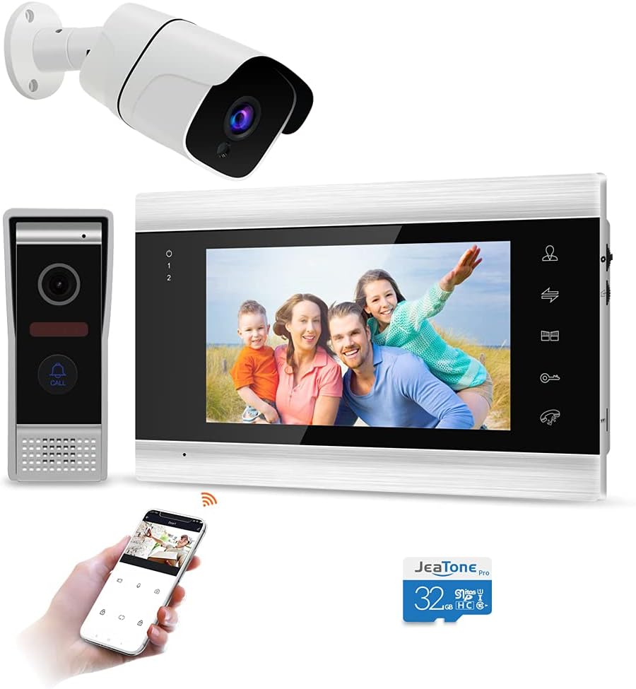JeaTone Wireless Wifi Smart IP Doorbell with Camera and Monitor,7 Inch with 1200TVL 32GB SD Card Wired Doorbell Camera for home security set