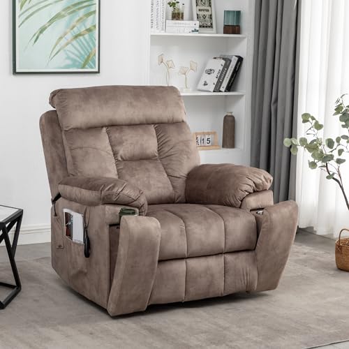 Oversized Power Lift Chair for Elderly, 26-inch Wide Seat with Heat & Massage, Hidden Cup Holder - Big Man Recliner 350 lbs (Brown)