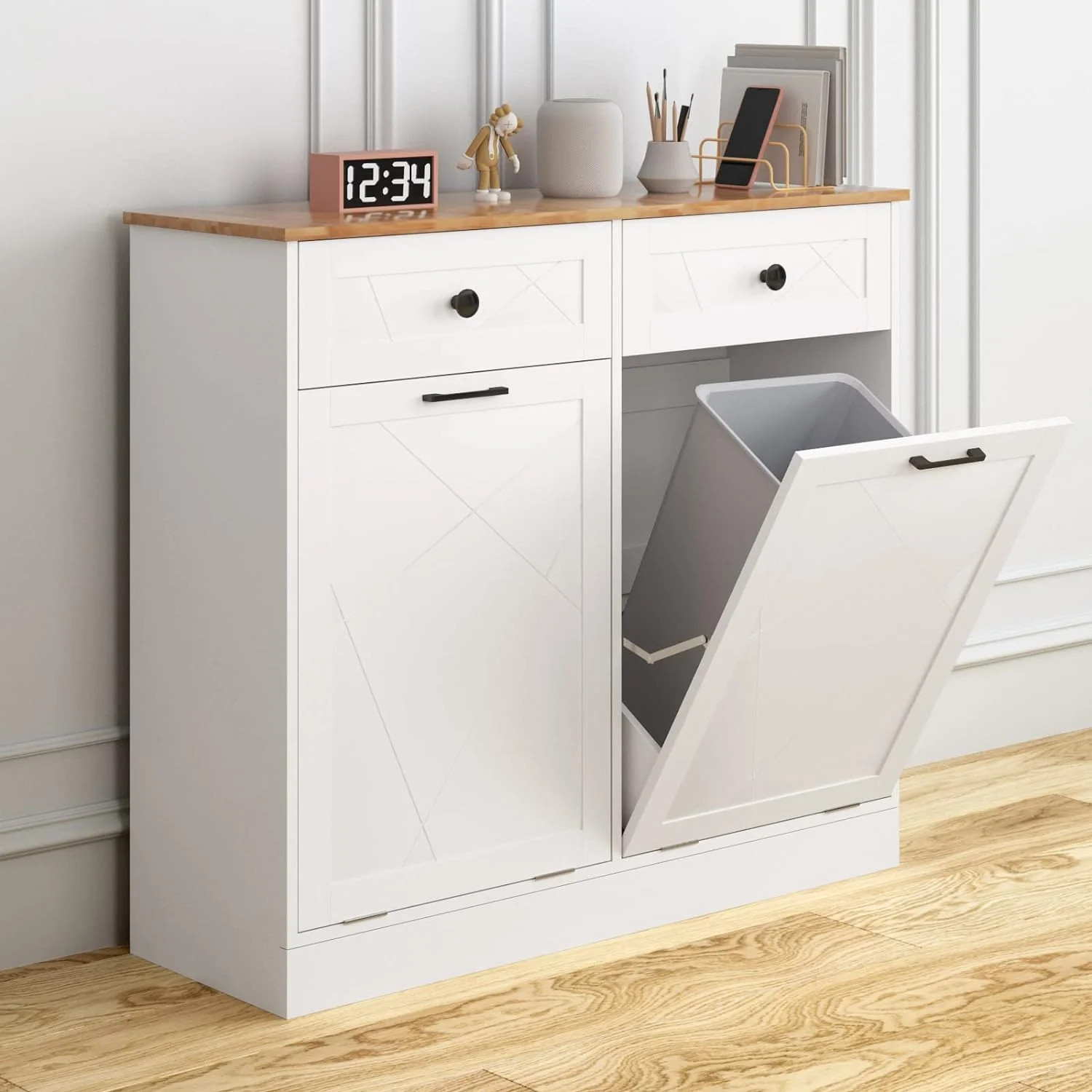Trash Cabinet Double Trash Can, Dog Proof Tilt Out Trash Bin Holder