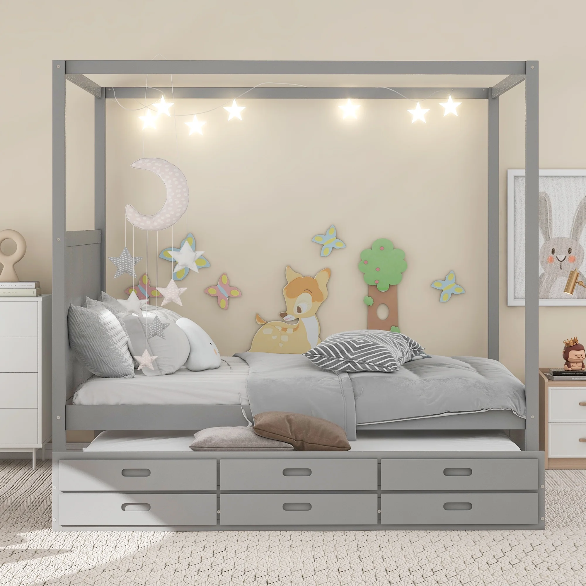 KOSBON Platform Bed with Trundle, Wooden Queen Platform Bed Frame with Twin Trundle and 3 Storage Drawers