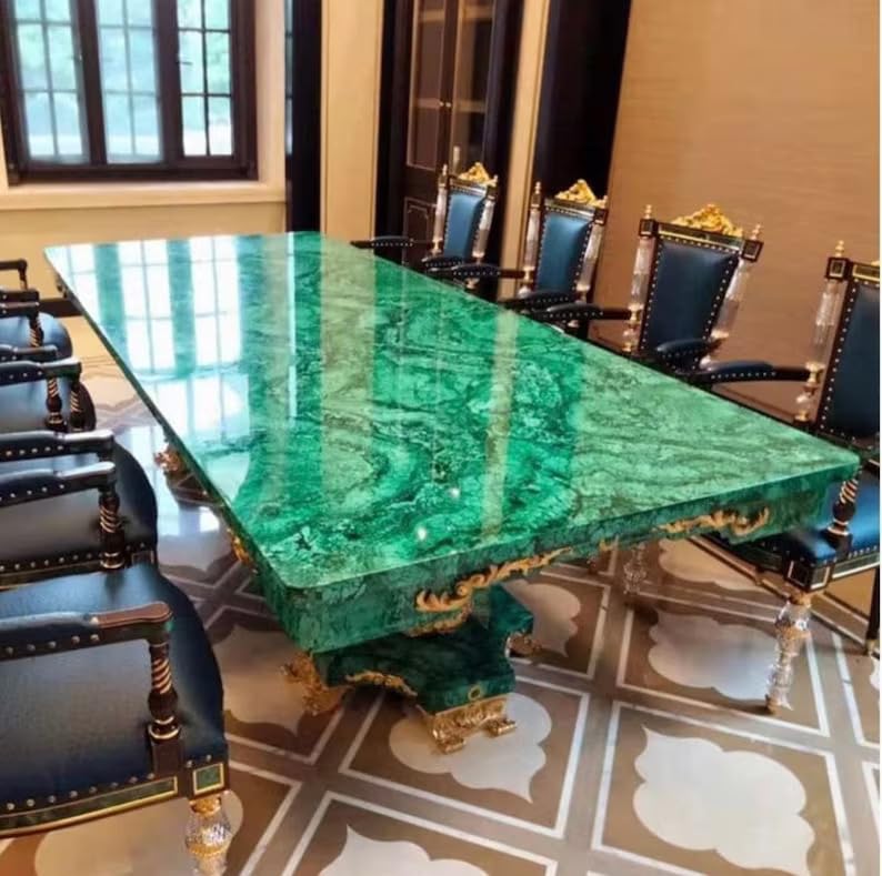 TUZECH Unique and Special Semi Precious Malachite Gemstone Dining Table Tops Malachite Conference Table Agate Stone Furniture Table Luxury Hallway