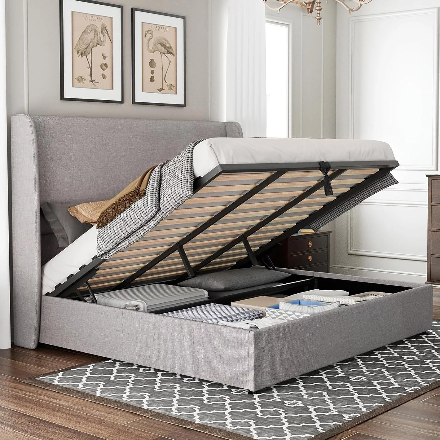 Jocisland Lift Up Storage Bed King Size Linen Upholstered Platform Bed Frame/Hydraulic Storage/Modern Wingback Headboard/No Box Spring Needed/Wood