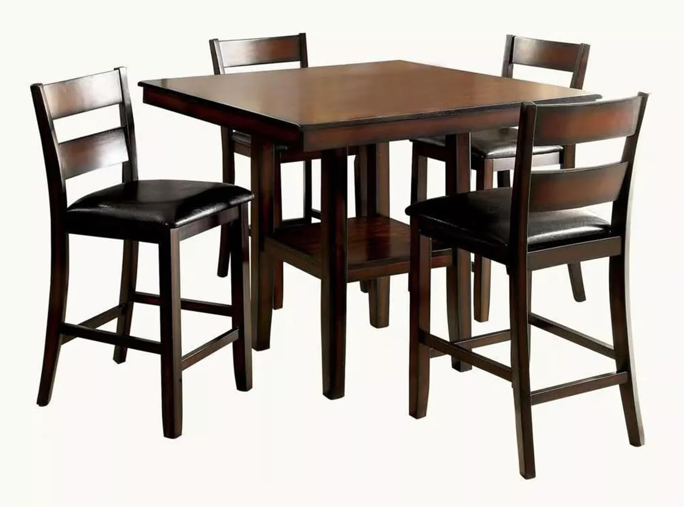 Saranya 18 Shop Brown Cherry Storage Dining Table 5pc Set Counter Height Wooden 4X High Chairs Cushion seat Shelf Shelves Furniture Room Kitchen New