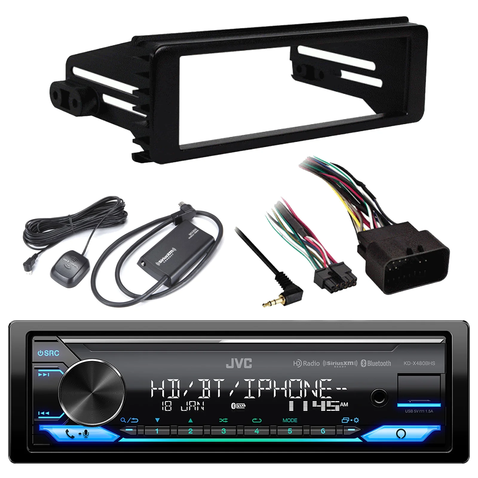 JVC KD-X480BHS Single DIN Bluetooth USB AUX LED Illumination AM/FM Radio Stereo SiriusXM Ready Amazon Alexa LED Car Audio Receiver Harley 98-2013