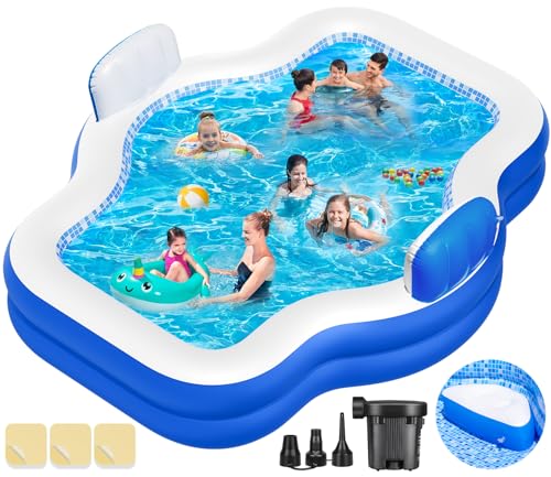 Large Inflatable Swimming Pool for Kids Adults, 121" X 90" X 22" Oversized Thickened Kiddie Pools Family Blow-Up Pool with Pump Seat