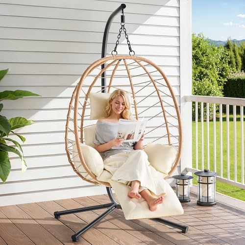 Hanging Egg Chair with Adjustable Footrest & Stand, Wicker Rattan Swing Hammock Chair with Cushion & Double Chains