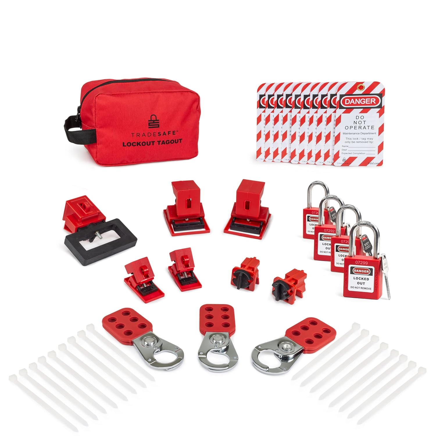 TRADESAFE Breaker Lockout Tagout Electrical Loto Kit. 120/277V to 480/600V Circuit Lock Outs. Set Includes Keyed Different Red Safety Padlocks, Hasps