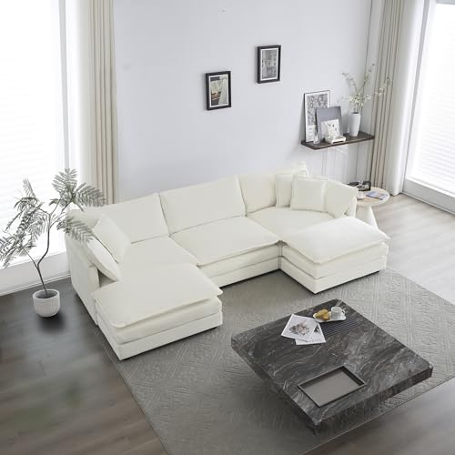 U-Shaped Modular Sectional Sofa with Footrests, 111" Oversized Chenille Comfy Sectional Couches for Living Room